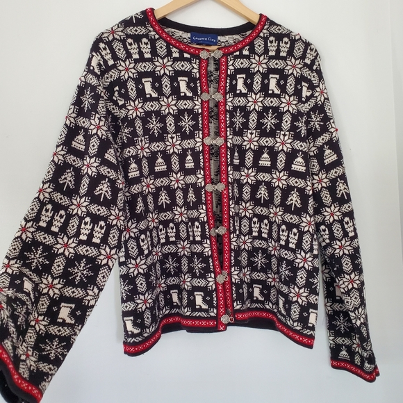 CHARTER CLUB XL Black White Christmas Winter Cardigan Sweater Metal Closure VTG! - Picture 1 of 16